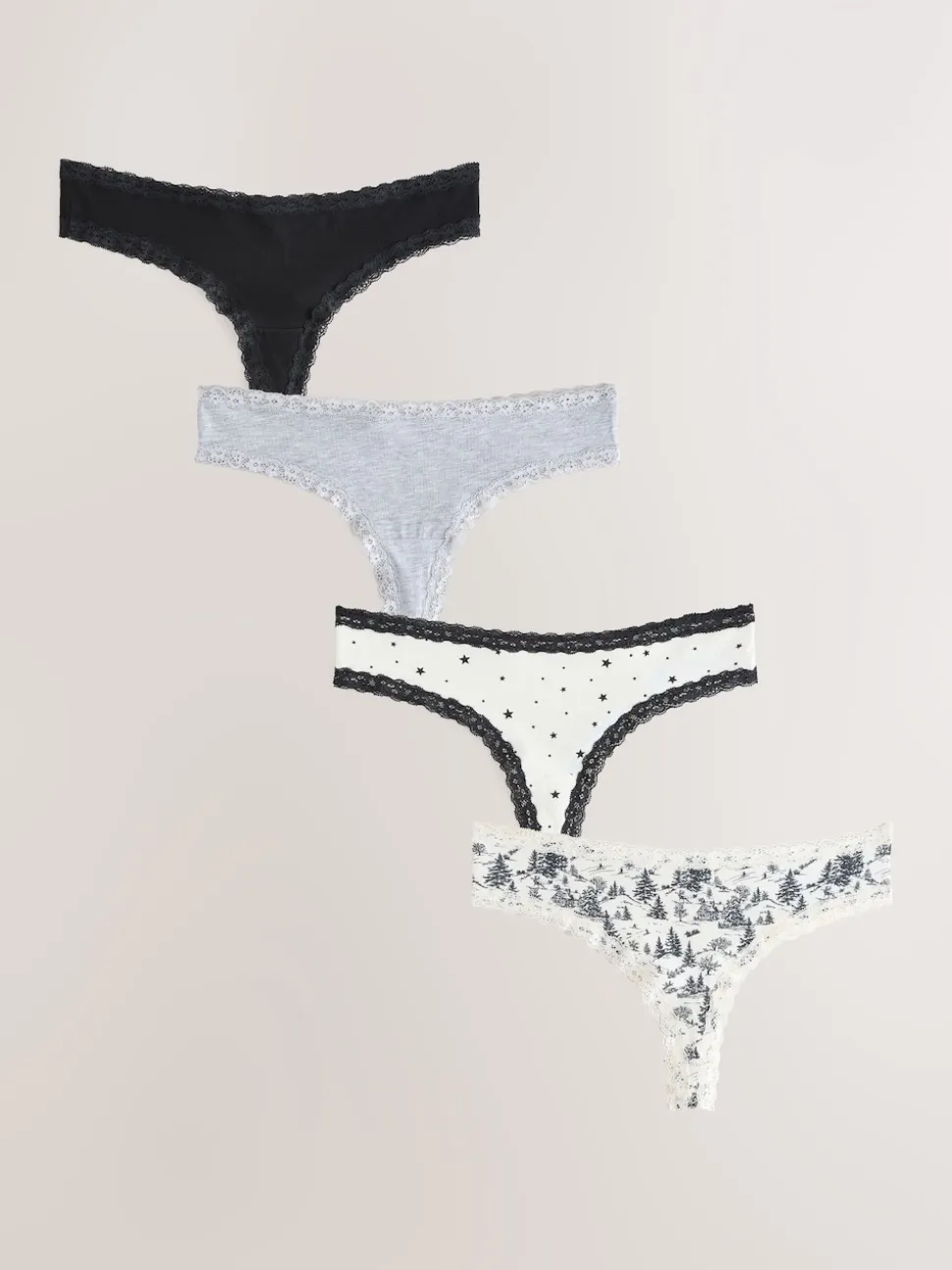 Black/Cream Thong Cotton Lace Knickers 4 Pack