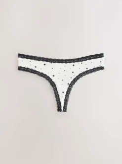 Black/Cream Thong Cotton Lace Knickers 4 Pack