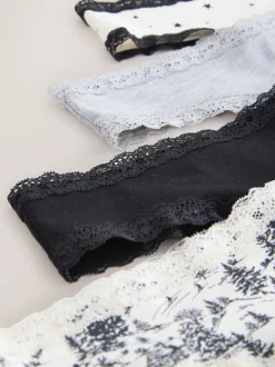 Black/Cream Thong Cotton Lace Knickers 4 Pack