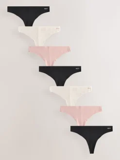 Black/Cream/Pink Thong Cotton Blend No VPL Knickers 7 Pack