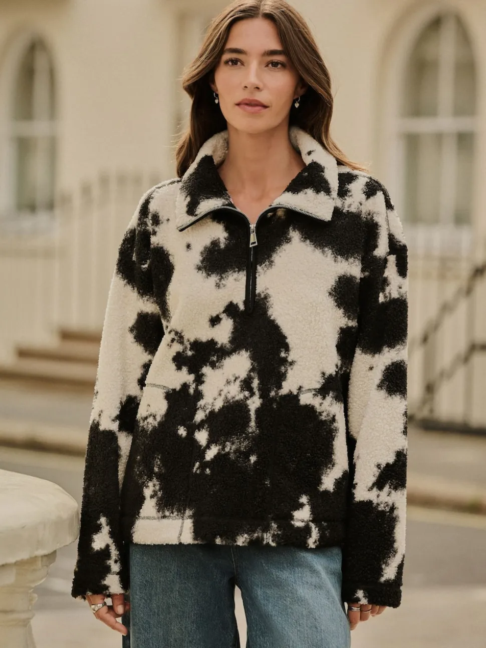 Black/Ecru Cow Print Soft Touch Cosy Teddy Borg Quarter Zip Fleece