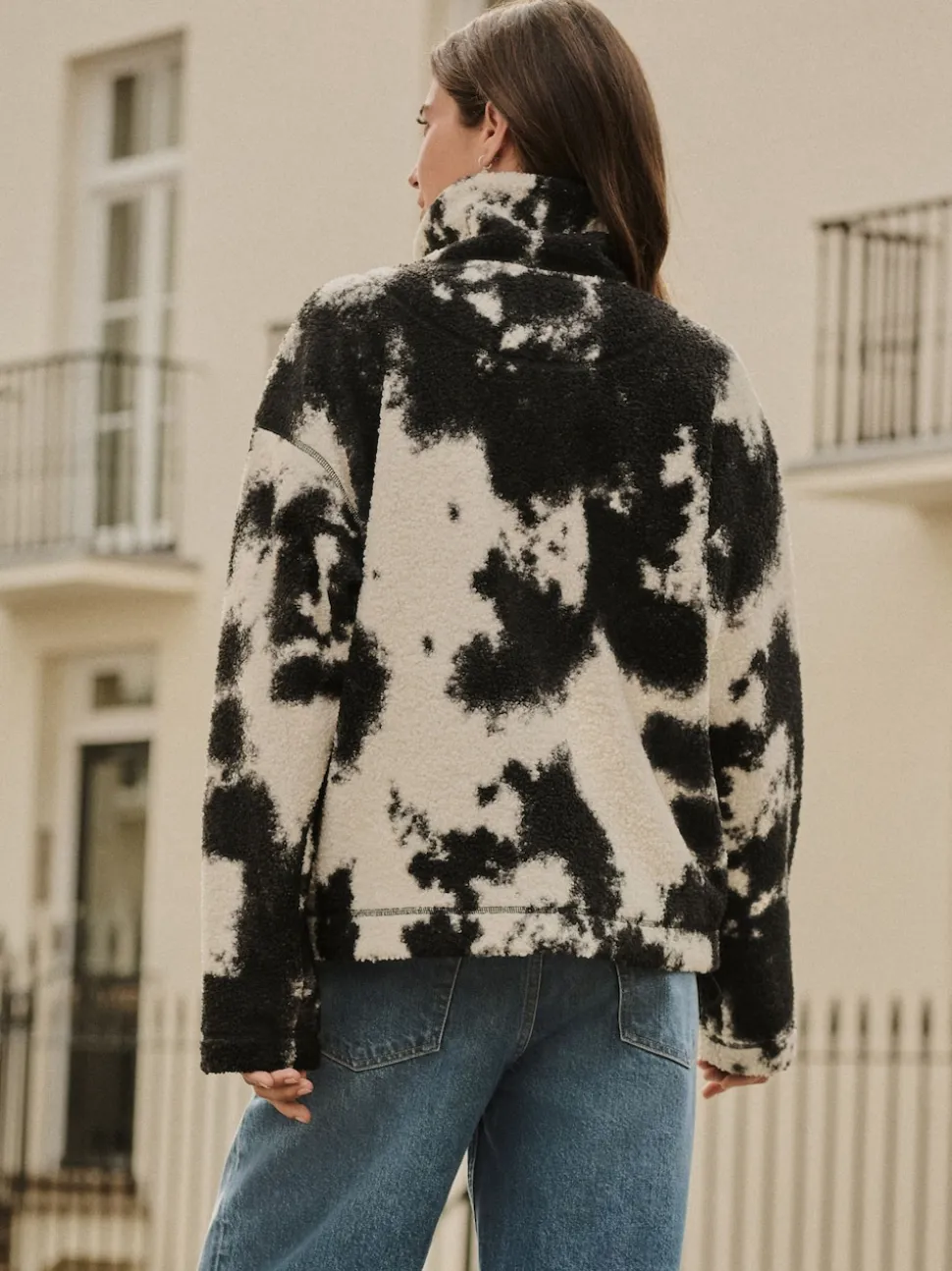 Black/Ecru Cow Print Soft Touch Cosy Teddy Borg Quarter Zip Fleece
