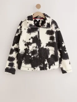 Black/Ecru Cow Print Soft Touch Cosy Teddy Borg Quarter Zip Fleece