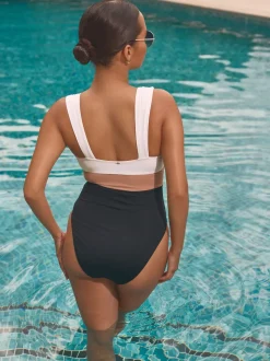 Black/Ecru/Beige Plunge Tummy Control Swimsuit