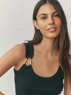 Black/Gold Trim Hardware Detail Racer Ribbed Vest Top