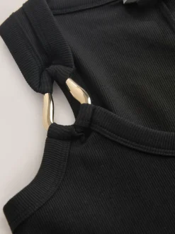 Black/Gold Trim Hardware Detail Racer Ribbed Vest Top
