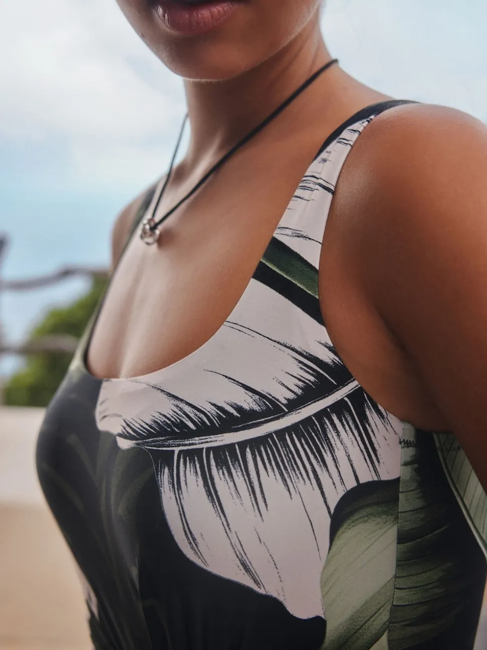Black/Green Leaf Twist Scoop Tummy Control Swimsuit