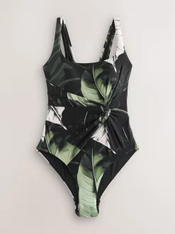 Black/Green Leaf Twist Scoop Tummy Control Swimsuit