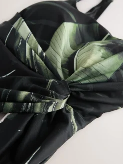 Black/Green Leaf Twist Scoop Tummy Control Swimsuit