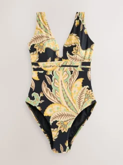 Black/Green Paisley Plunge Shaping Tummy Control Swimsuit