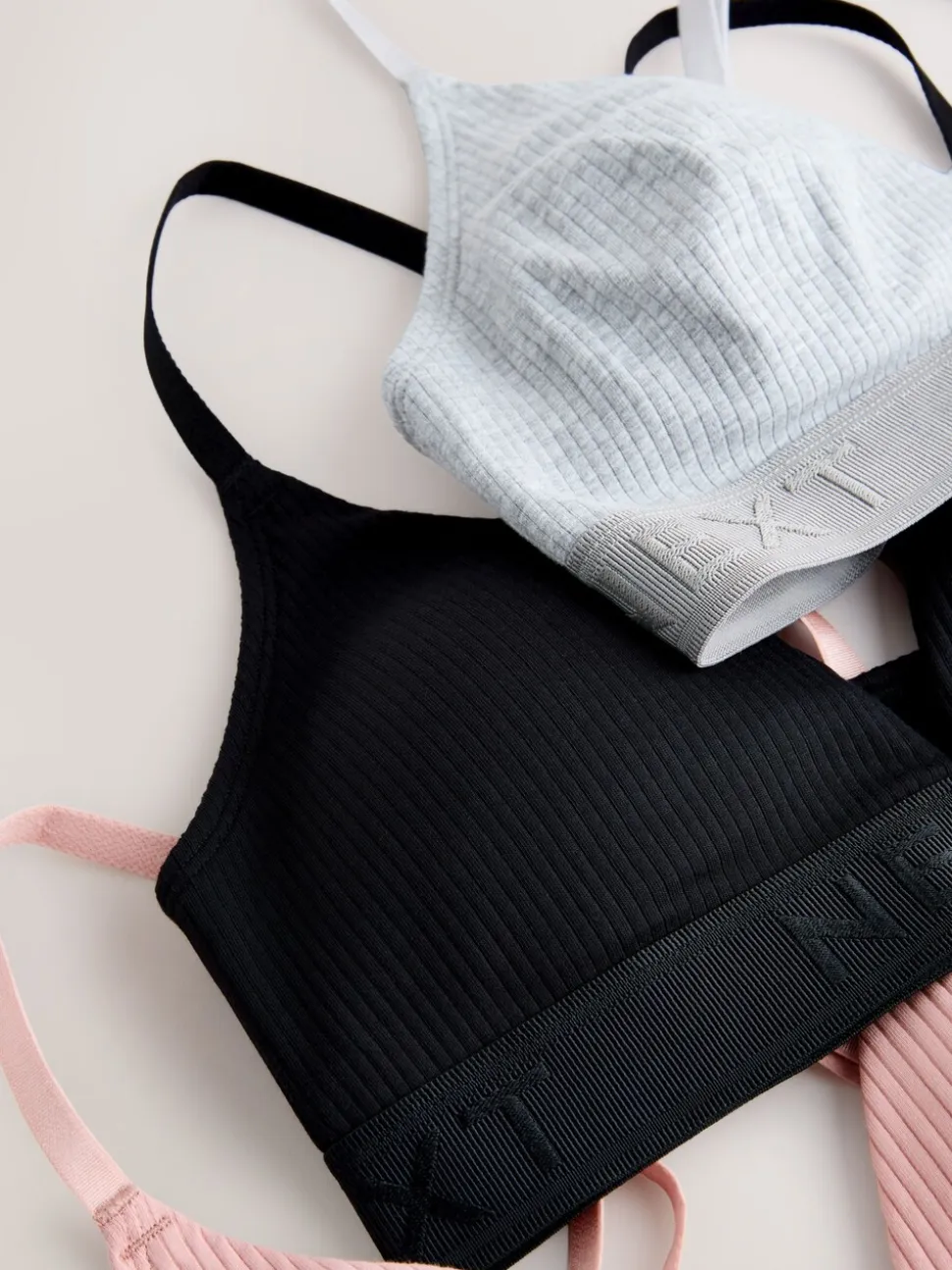 Black/Grey/Pink Cotton Ribbed Logo Bralettes 3 Pack