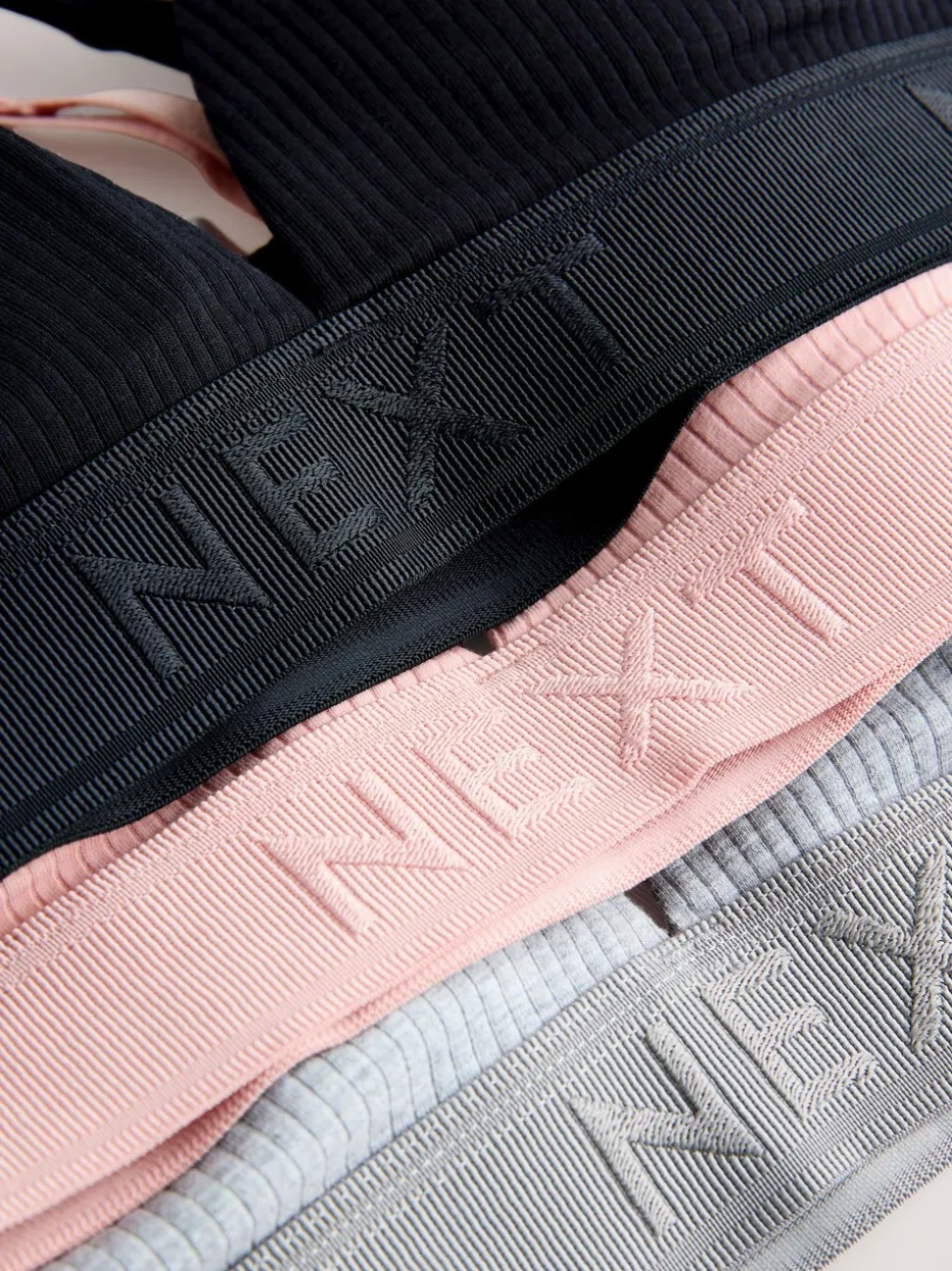 Black/Grey/Pink Cotton Ribbed Logo Bralettes 3 Pack