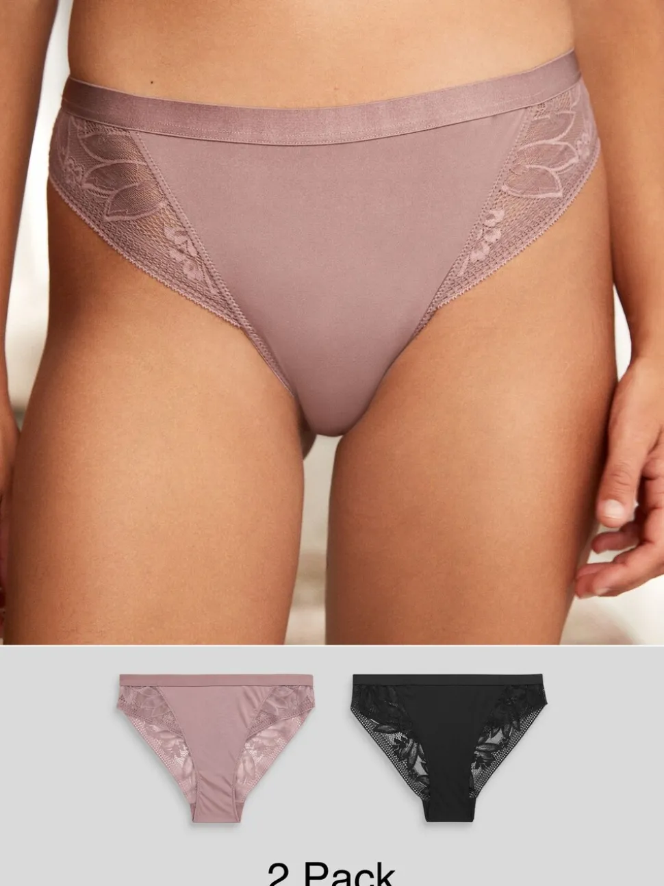 Black/Mauve Purple High Leg Microfibre and Lace Knickers 2 Pack