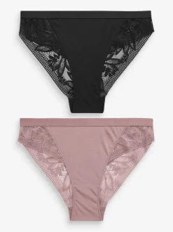 Black/Mauve Purple High Leg Microfibre and Lace Knickers 2 Pack