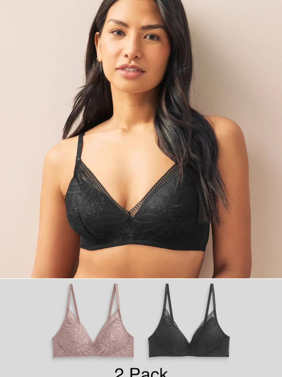 Black/Mauve Purple Pad Non Wire Lace Detail Ultimate Comfort Bras 2 Pack