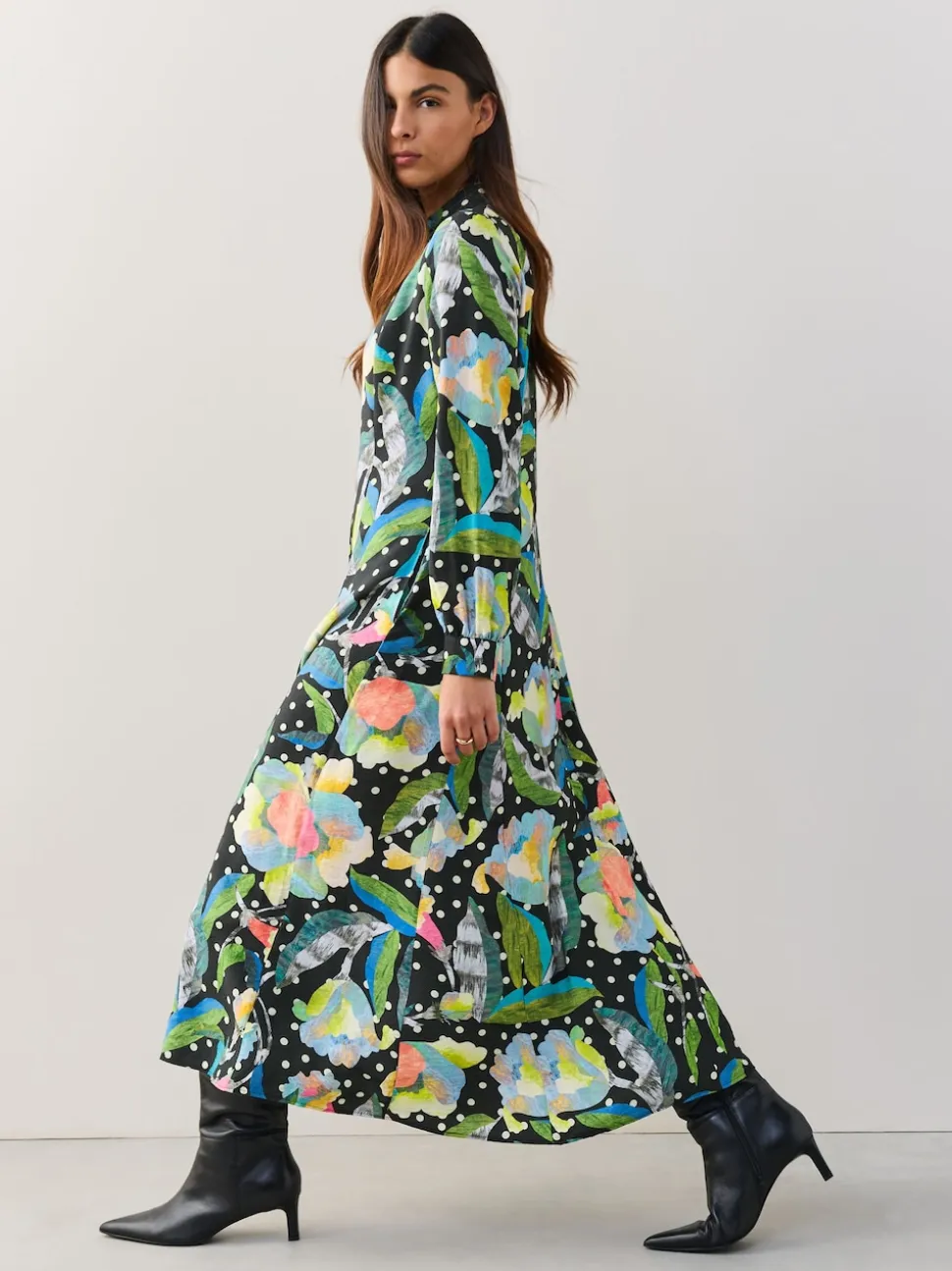 Black/Multi Floral Long Sleeve Midi Shirt Dress