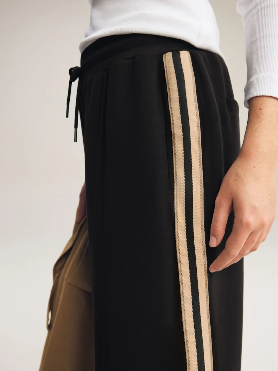Black/Neutral Slinky Wide Leg Side Stripe Track Trousers