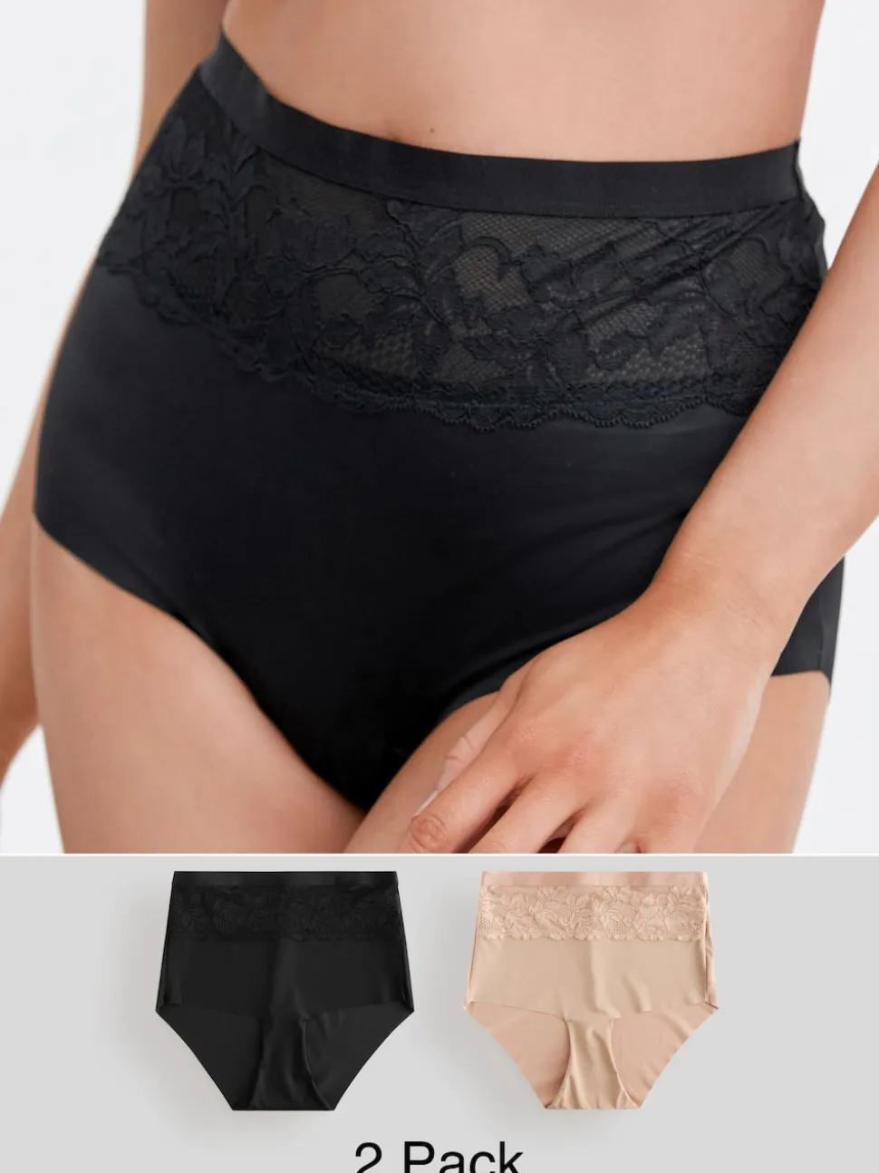 Black/Nude High Waist Lace Tummy Control Light Shaping Knickers 2 Pack