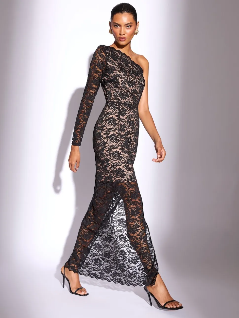 Black/Nude Petite Lace One Shoulder Bodycon Midaxi Dress