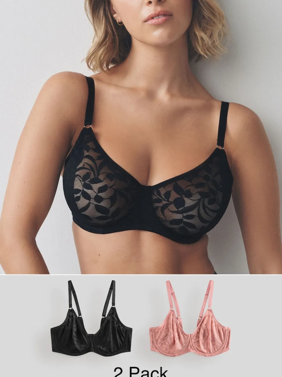 Black/Pink DD-G Lace Non Pad Full Cup Bras 2 Pack