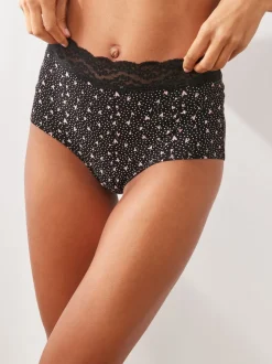 Black/Pink Heart Print Full Brief Cotton Lace Knickers 4 Pack
