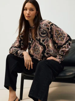 Black/Pink Paisley Long Sleeve Twist Neck Jersey Blouse
