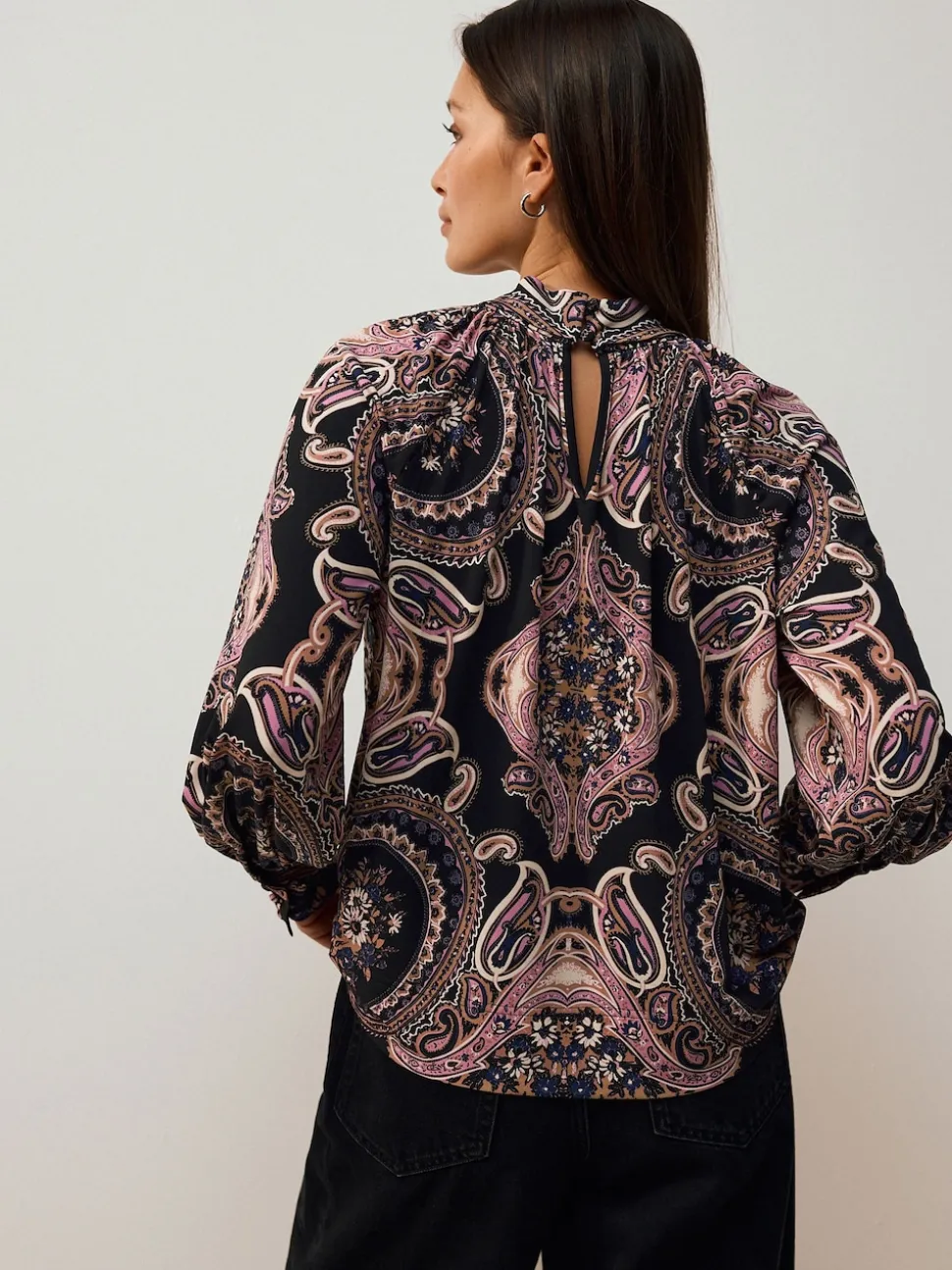 Black/Pink Paisley Long Sleeve Twist Neck Jersey Blouse