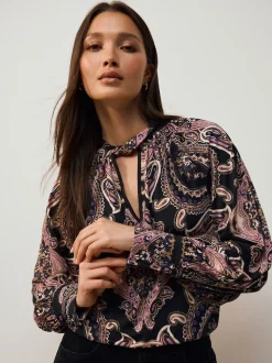 Black/Pink Paisley Long Sleeve Twist Neck Jersey Blouse