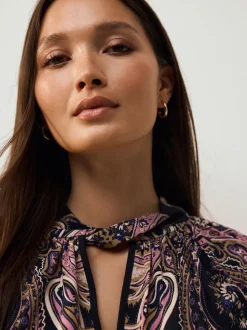 Black/Pink Paisley Long Sleeve Twist Neck Jersey Blouse