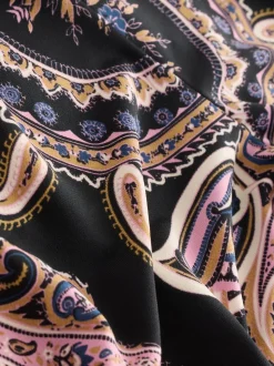 Black/Pink Paisley Long Sleeve Twist Neck Jersey Blouse