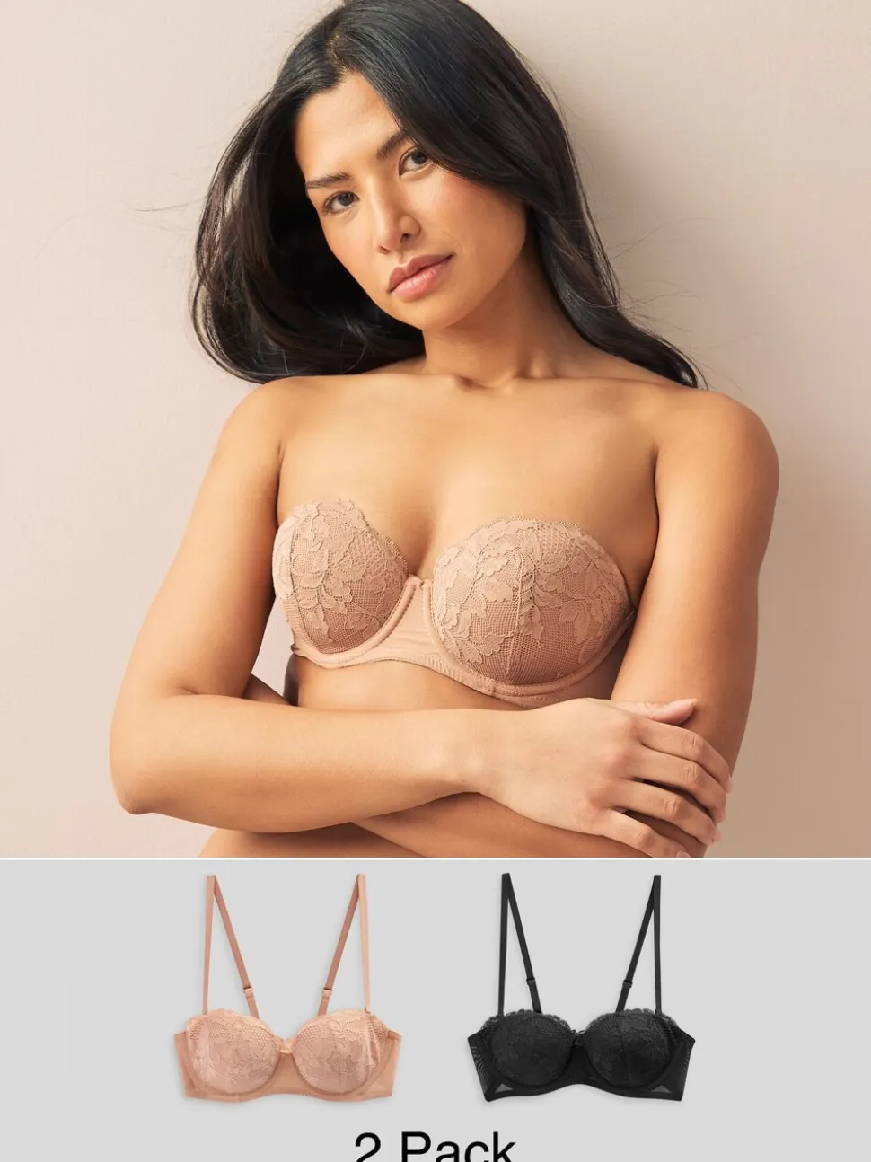 Black/Praline Nude A-E Lace Light Pad Strapless Multiway Bras 2 Pack