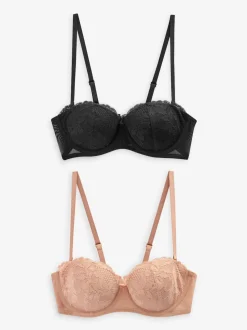 Black/Praline Nude A-E Lace Light Pad Strapless Multiway Bras 2 Pack
