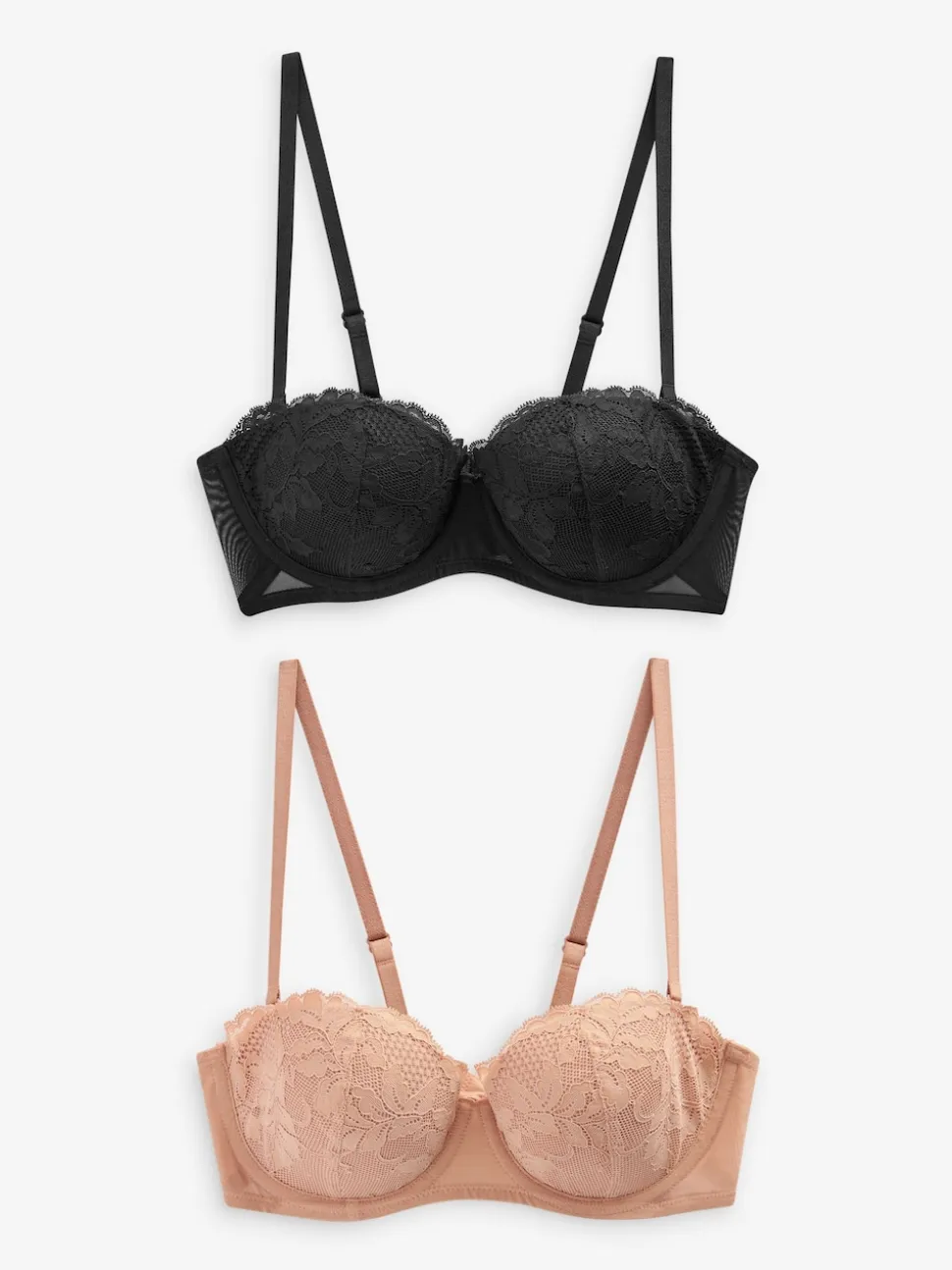 Black/Praline Nude A-E Lace Light Pad Strapless Multiway Bras 2 Pack