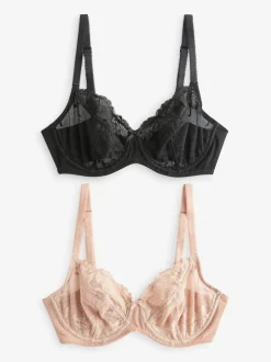 Black/Praline Nude Non Pad Balcony DD+ Lace Bras 2 Pack