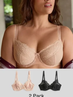 Black/Praline Nude Non Pad Balcony DD+ Lace Bras 2 Pack