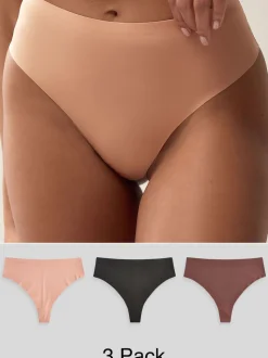 Black/Praline Nude/Chocolate Nude High Waisted Thong No VPL Comfort Knickers 3 Pack