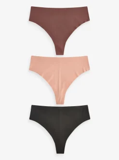 Black/Praline Nude/Chocolate Nude High Waisted Thong No VPL Comfort Knickers 3 Pack