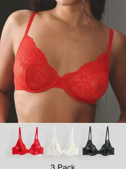 Black/Red/Cream Non Pad Full Cup Lace Bras 3 Pack