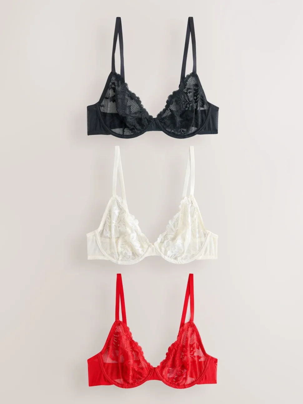 Black/Red/Cream Non Pad Full Cup Lace Bras 3 Pack