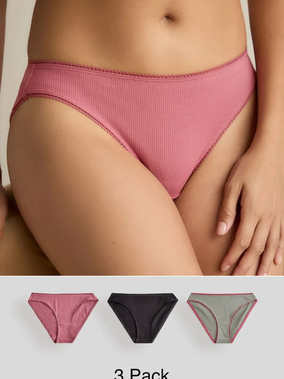 Black/Rose/Olive High Rise High Leg Cotton Rib Knickers 3 Pack