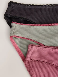 Black/Rose/Olive High Rise High Leg Cotton Rib Knickers 3 Pack
