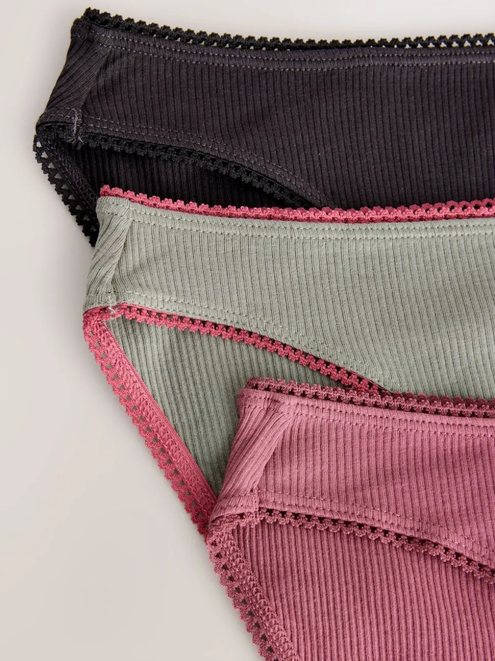 Black/Rose/Olive High Rise High Leg Cotton Rib Knickers 3 Pack