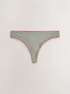 Black/Rose/Olive Thong Cotton Rib Knickers 3 Pack