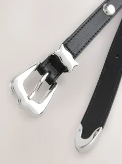 Black/Silver Skinny Western Pu Belt