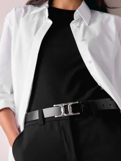 Black/Silver Tone Regular Statement Buckle Leather Belt