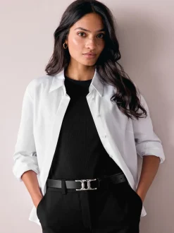 Black/Silver Tone Regular Statement Buckle Leather Belt