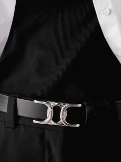Black/Silver Tone Regular Statement Buckle Leather Belt