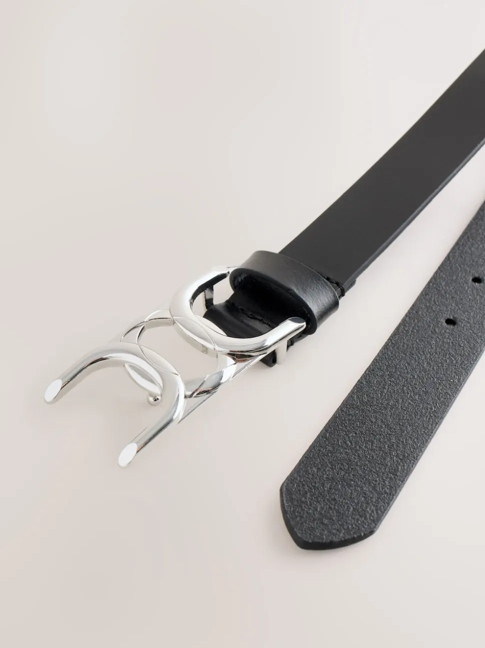 Black/Silver Tone Regular Statement Buckle Leather Belt