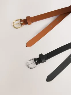 Black/Tan PU Skinny Belts 2 Pack
