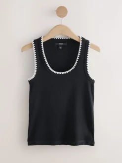 Black/White Contrast Knit Trim Scoop Neck Sleeveless Tank Vest Top